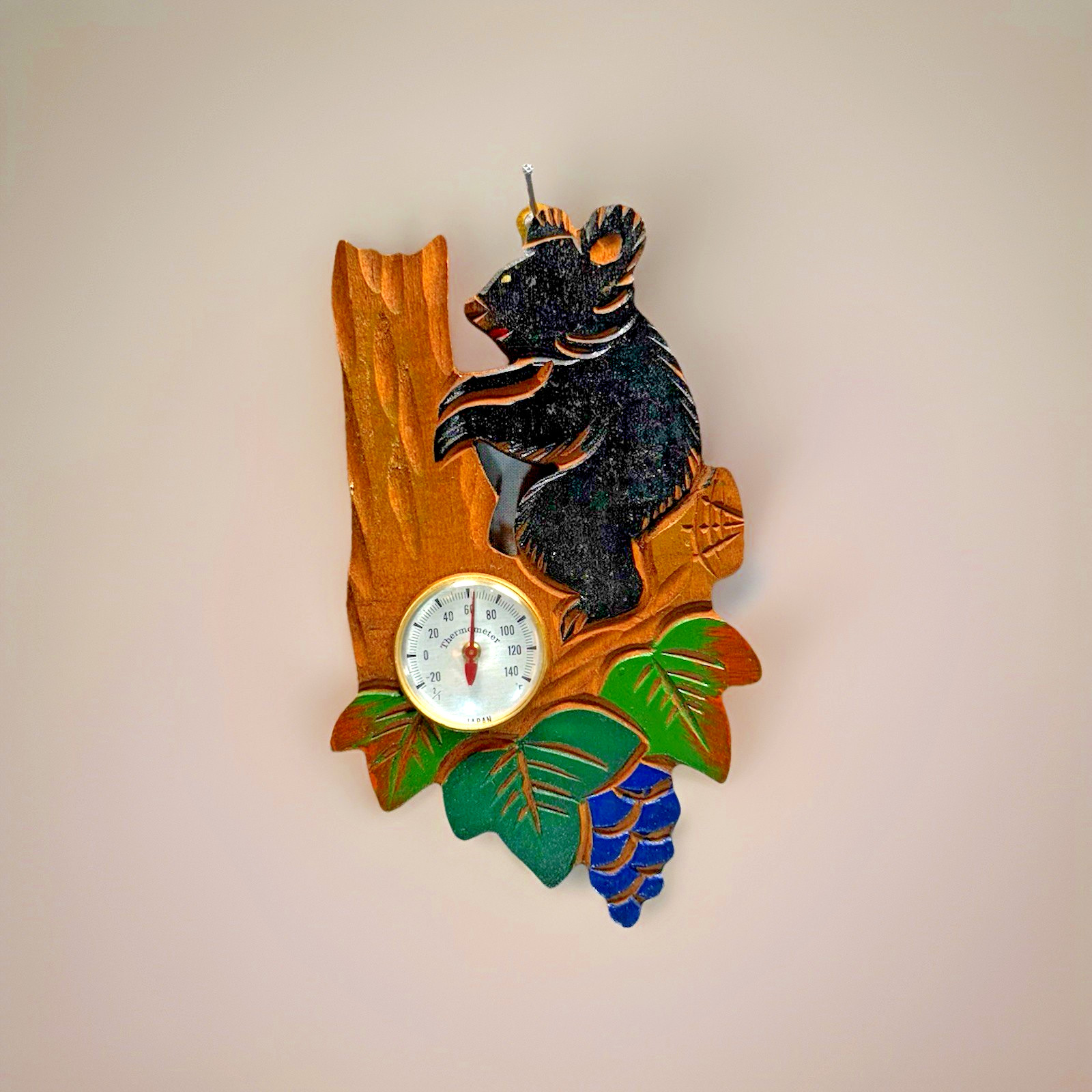 Vintage Black Bear Thermometer Hand Carved Ainu Wooden Plaque Hokkaido Japan