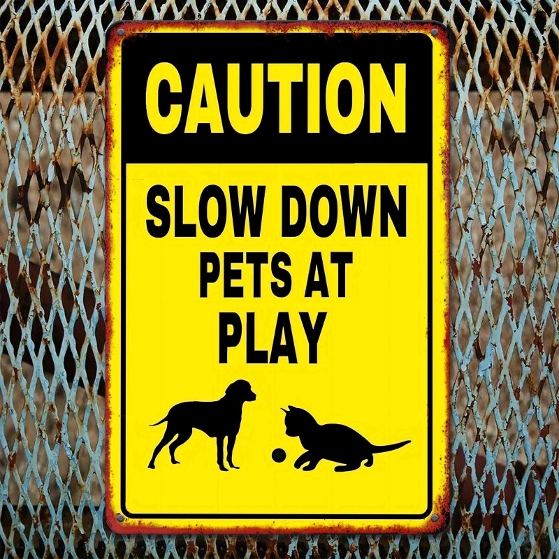Caution Slow Down Pets At Play Retro Metal Sign Pet Safety Yard Outdoor Decor