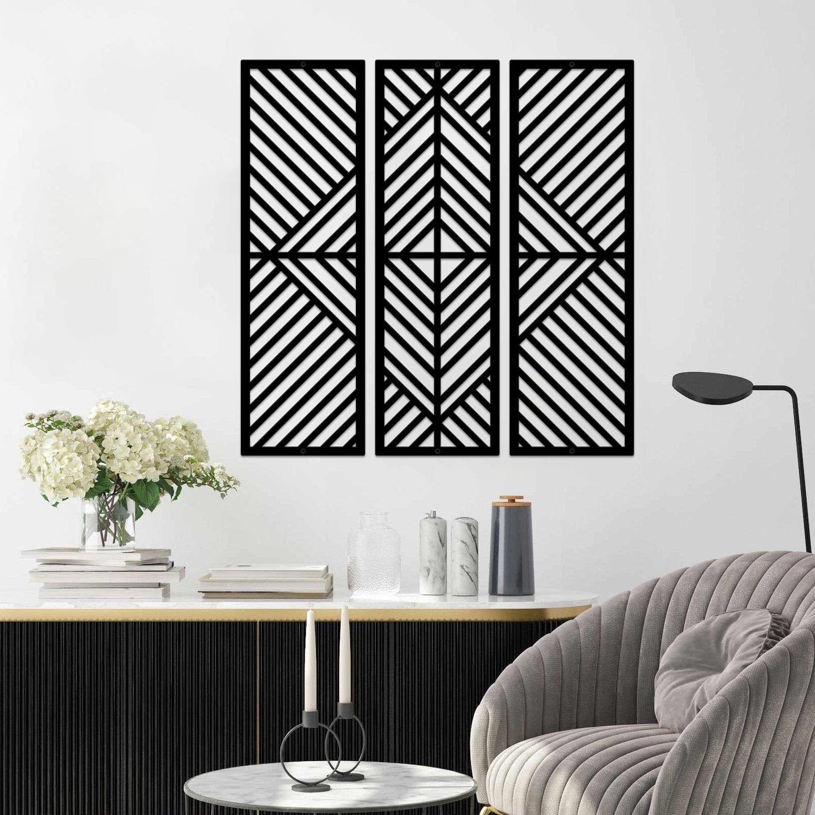 3 PCS Geometric Home Metal Wall Decor Abstract Minimalist Black 22×22 Inch