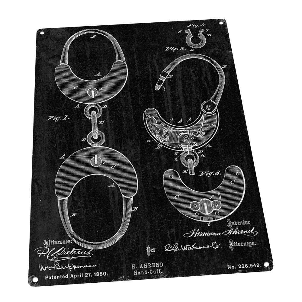 Black Handcuff Patent Illustration Metal Sign; Wall Decor for Mancave or Den