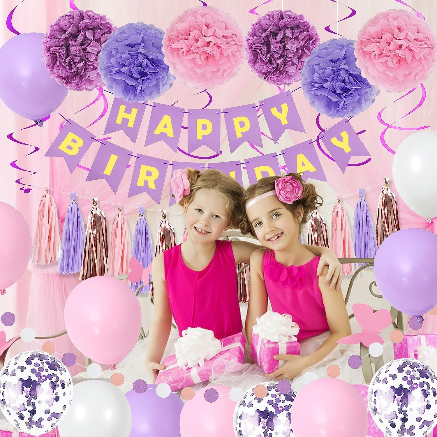Purple Pink Birthday Party Decorations Women Girls with Happy Birthday Banner