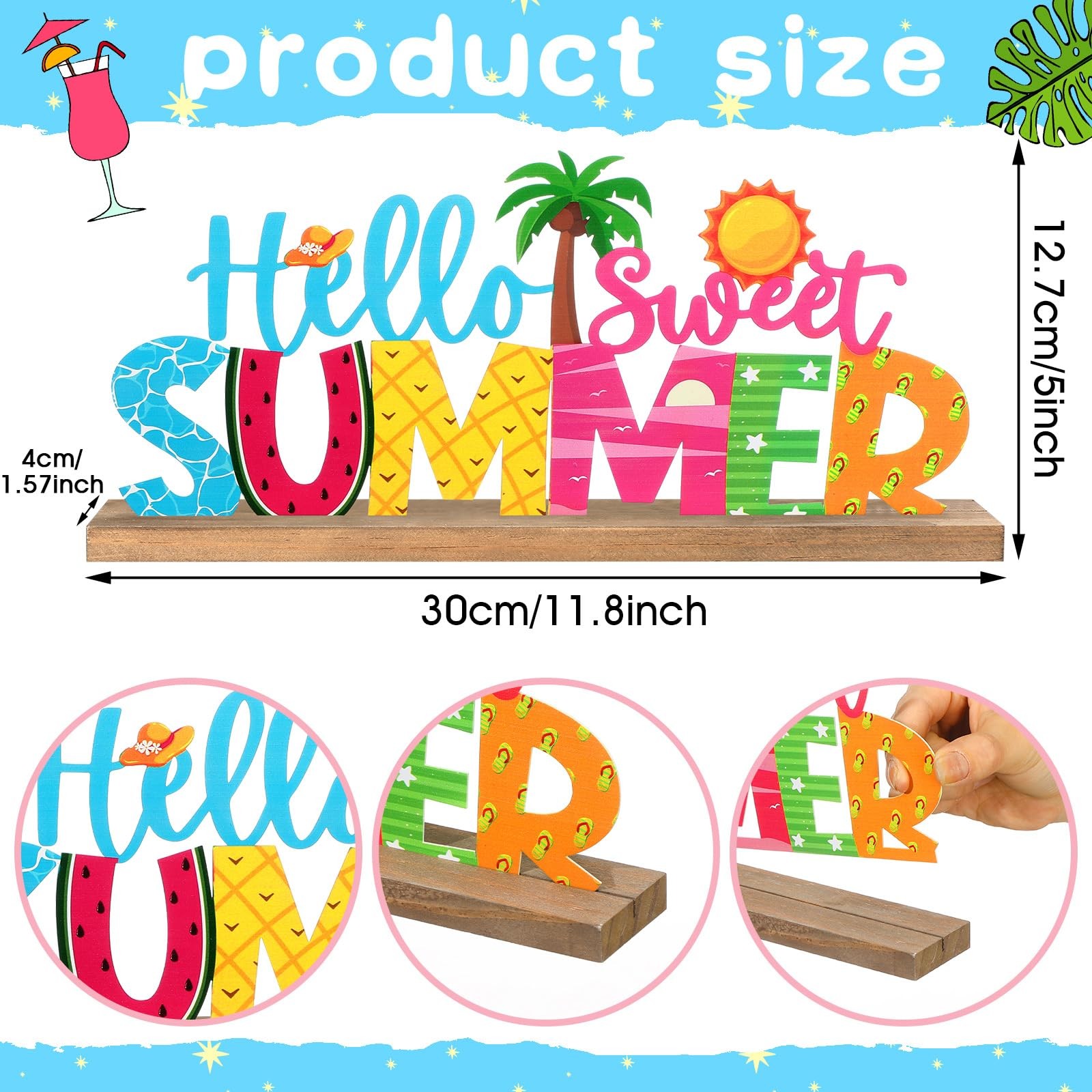 Colorful Hello Summer Metal Sign with Wooden Base Indoor Tabletop Decorations