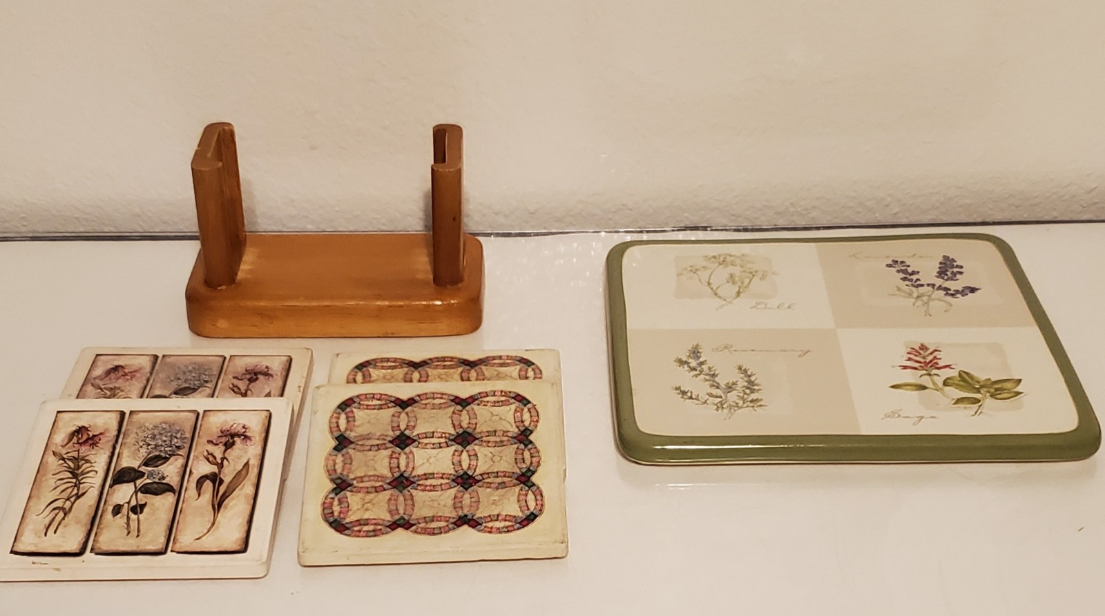 SONOMA Herb Garden Wall Plaque & Floral Tile Coaster Set w Wood Holder Cottage