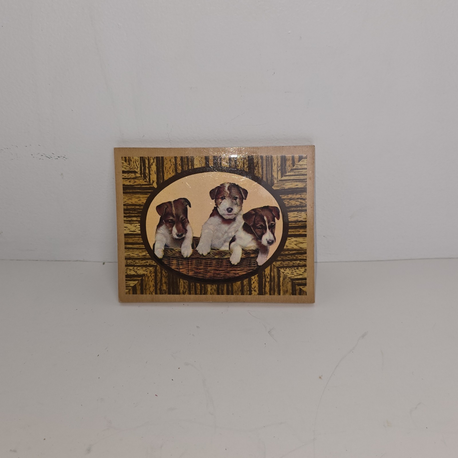 Vtg Miniature Lacquered Dog Wall Plaques Set of 2 Puppy Terrier 4.5×3.5 MCM