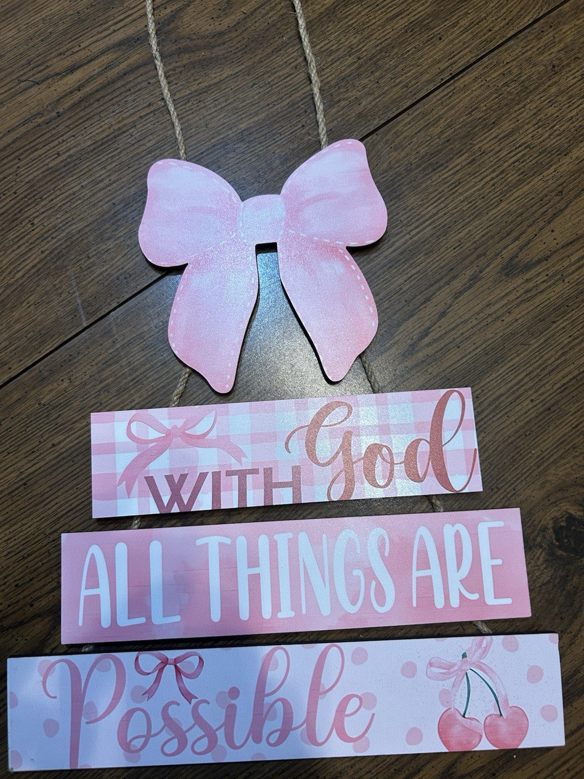 Pink Wood Hanging Sign Plaque With Bow ‘With God All Things Are Possible’