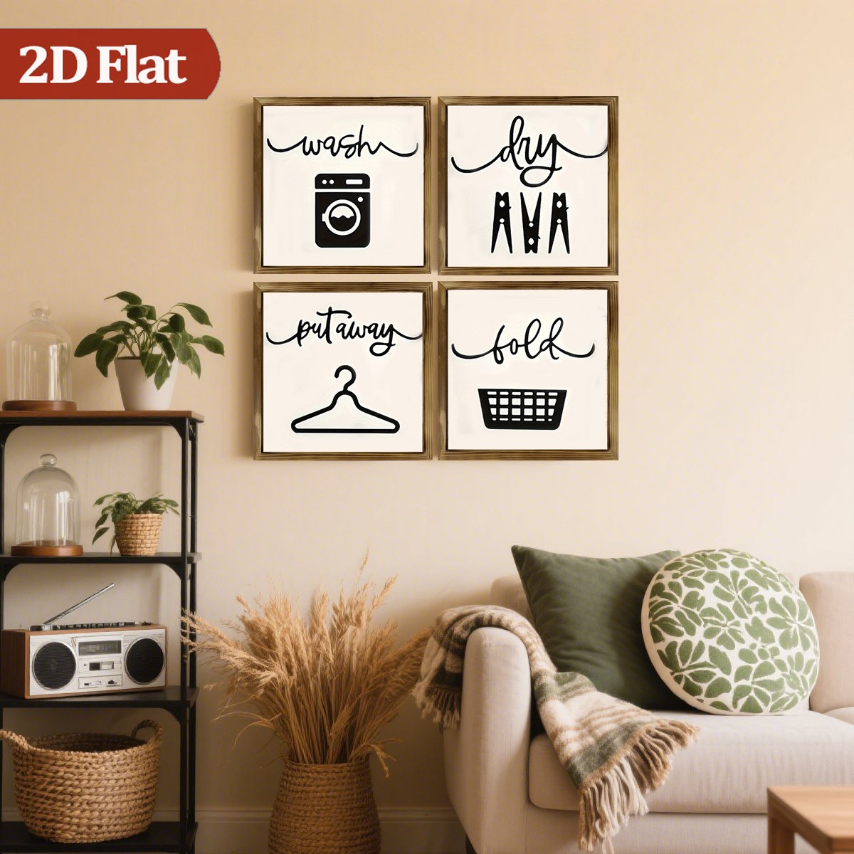 4Pcs Fold Wash Dry Wooden Sign Framed Laundry Room Farmhouse Wall Decor Gift