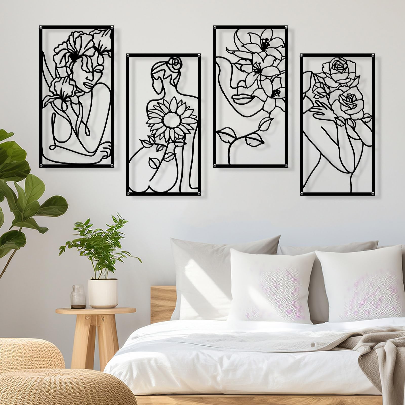 4 PCS Metal Minimalist Abstract Woman Flower Wall Art Single Line Drawing