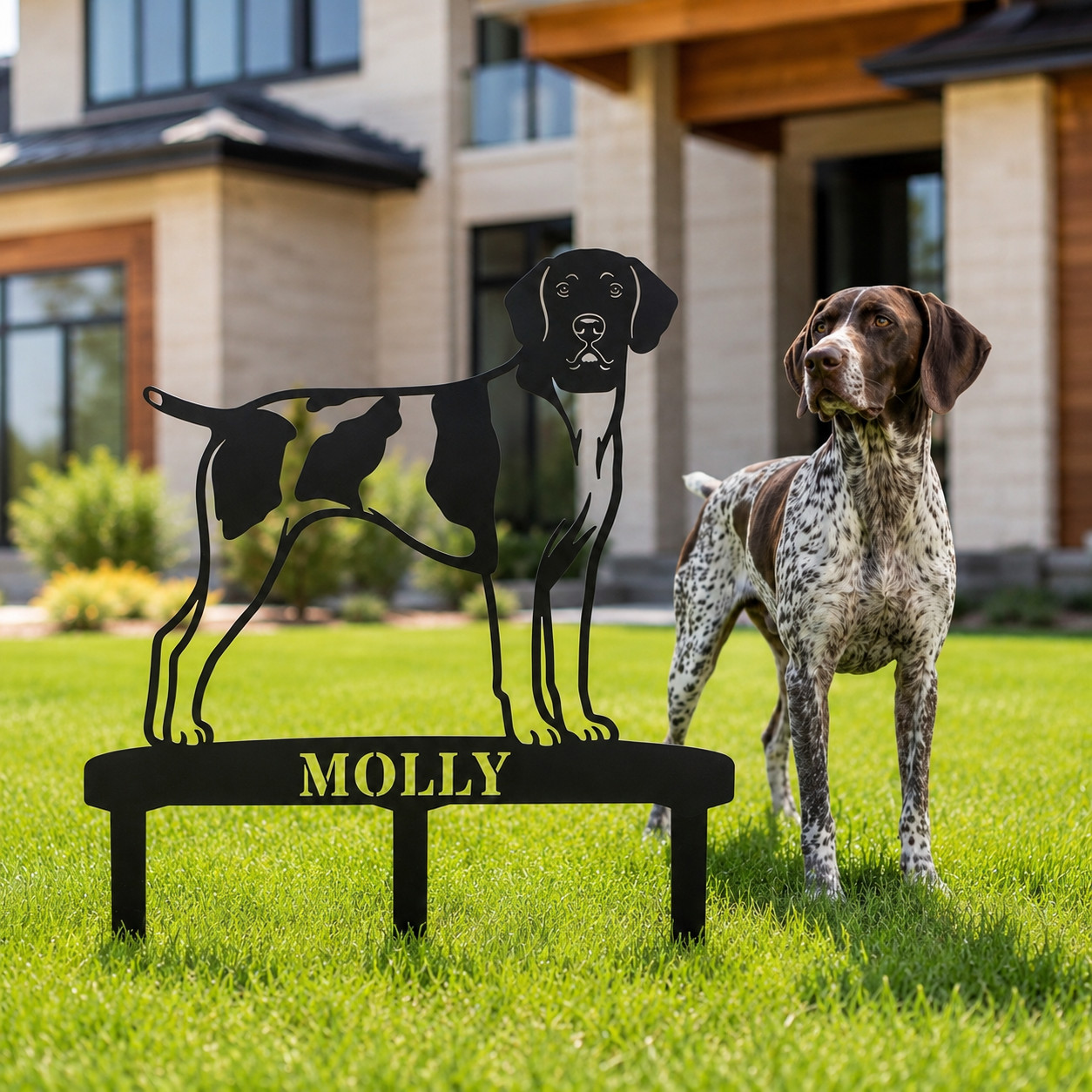 Personalized German Shorthaired Pointer Garden Name Metal Sign With Stakes