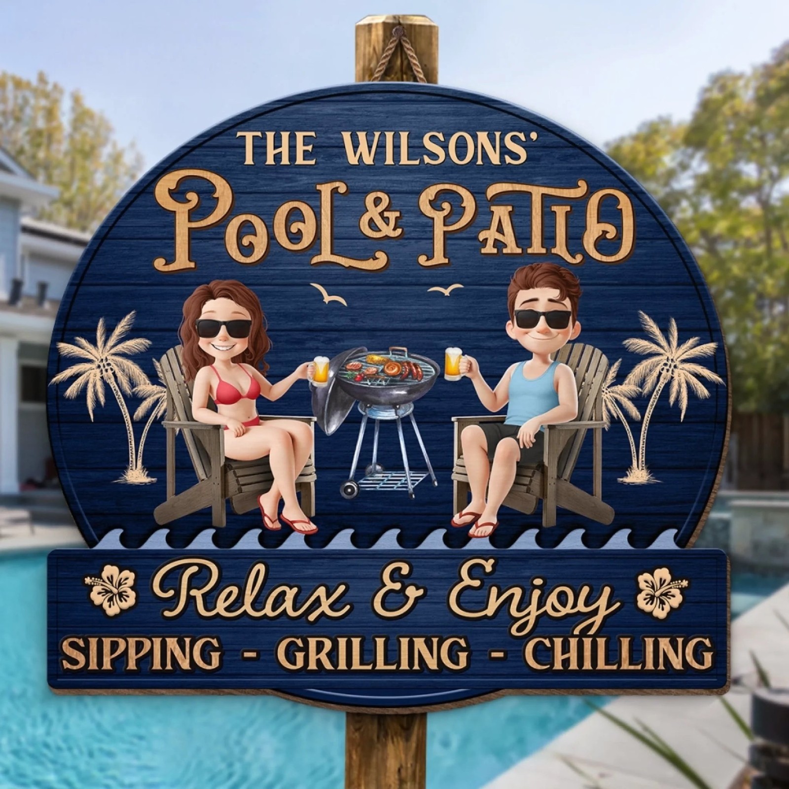 Custom Pool Patio Sign Tropical Couple Wooden Backyard Decor Gift