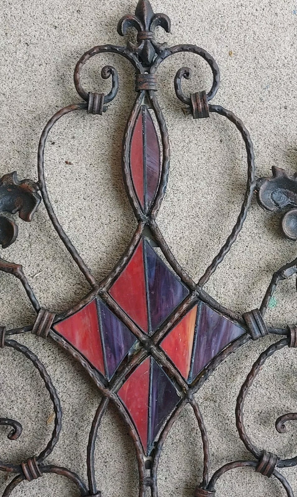 Wrought Iron Stained Glass Gothic Window Wall Hanging Plaque 26.5″ x 17.5″
