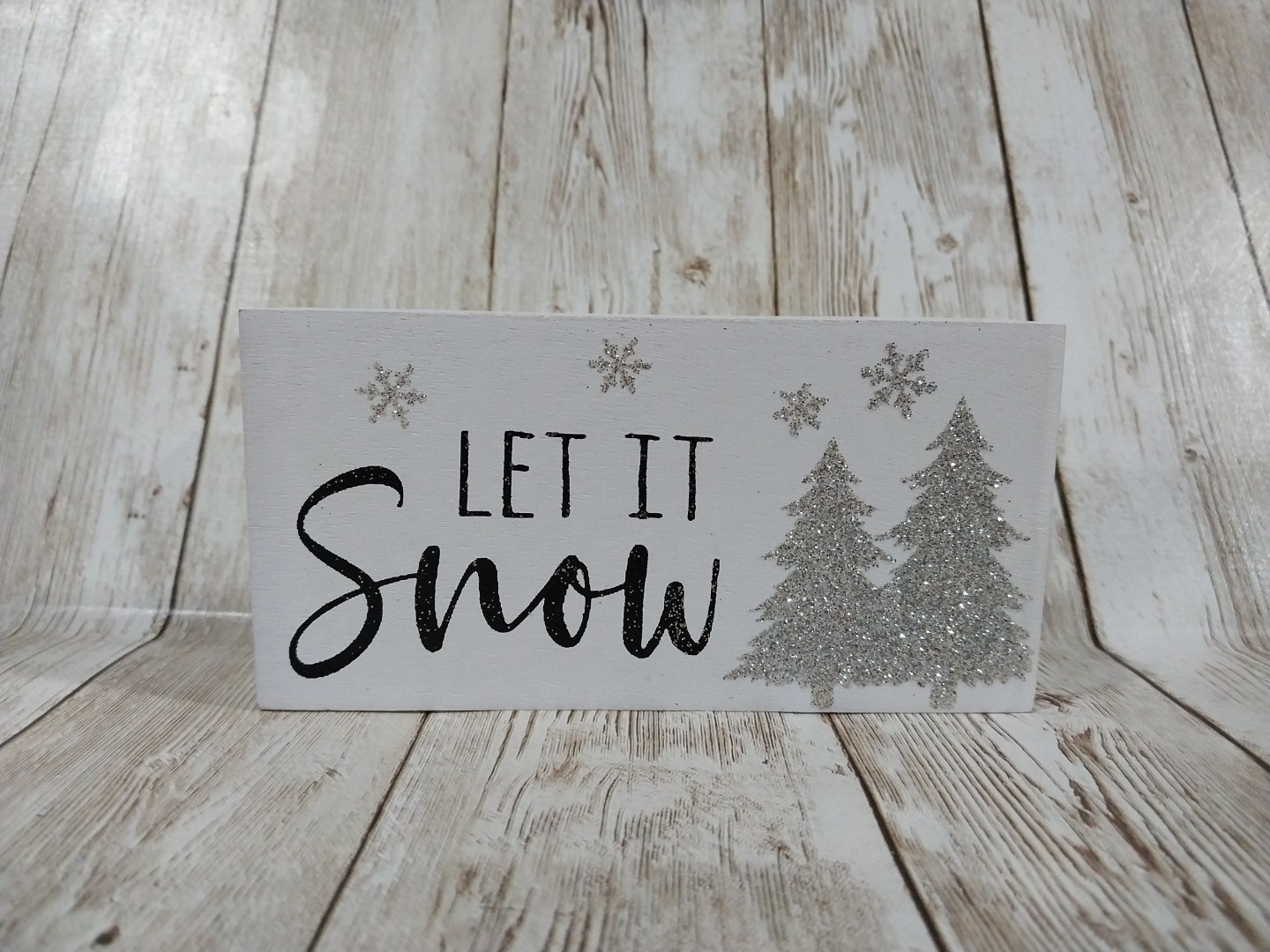New! “Let It Snow” Snowflake Winter Christmas Wood Sign Decor Trees Tray Glitter