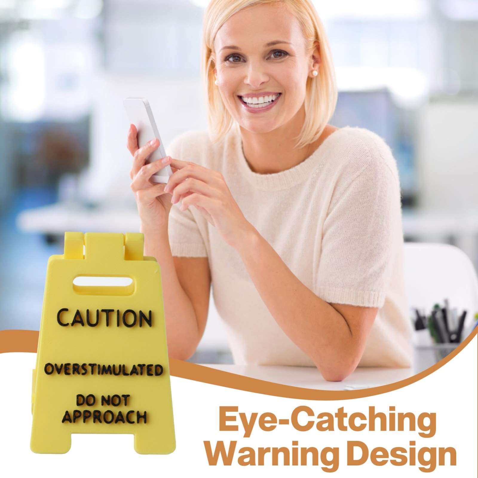 Overstimulated Alert Desk Sign – Yellow w/Black Words, Humor Gift for Colleagues