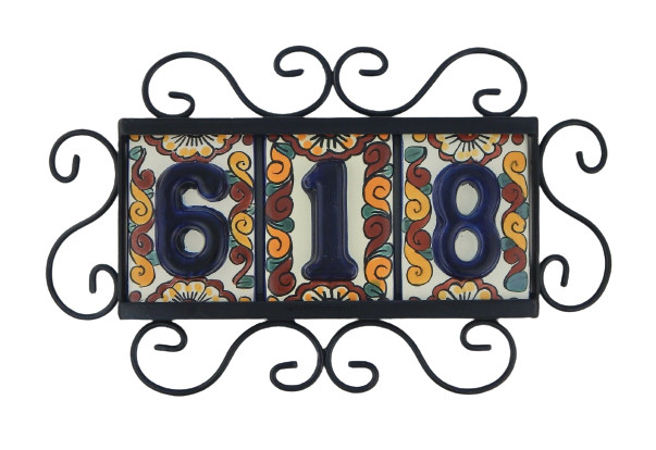 3 HIGH RELIEF Mexican Ceramic Number Tiles & Horizontal Iron Frame