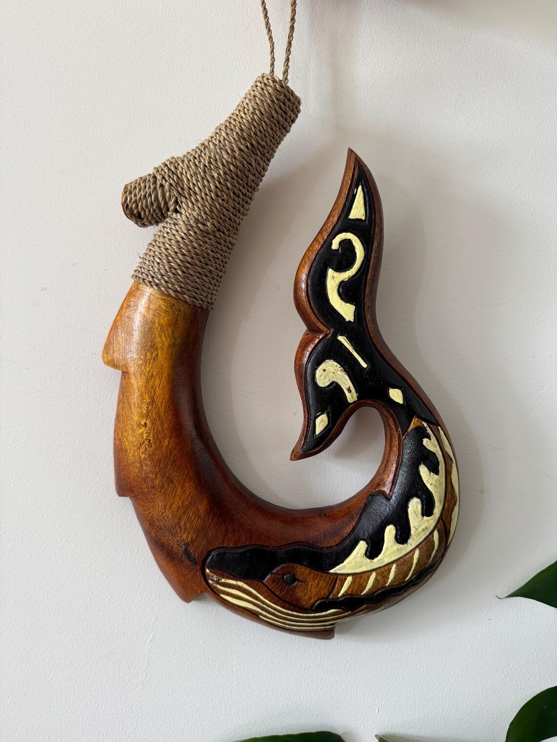 Hawaiian Hand Made Wall Home Decor Solid Black Wood Polynesian Tribal Fish Hook
