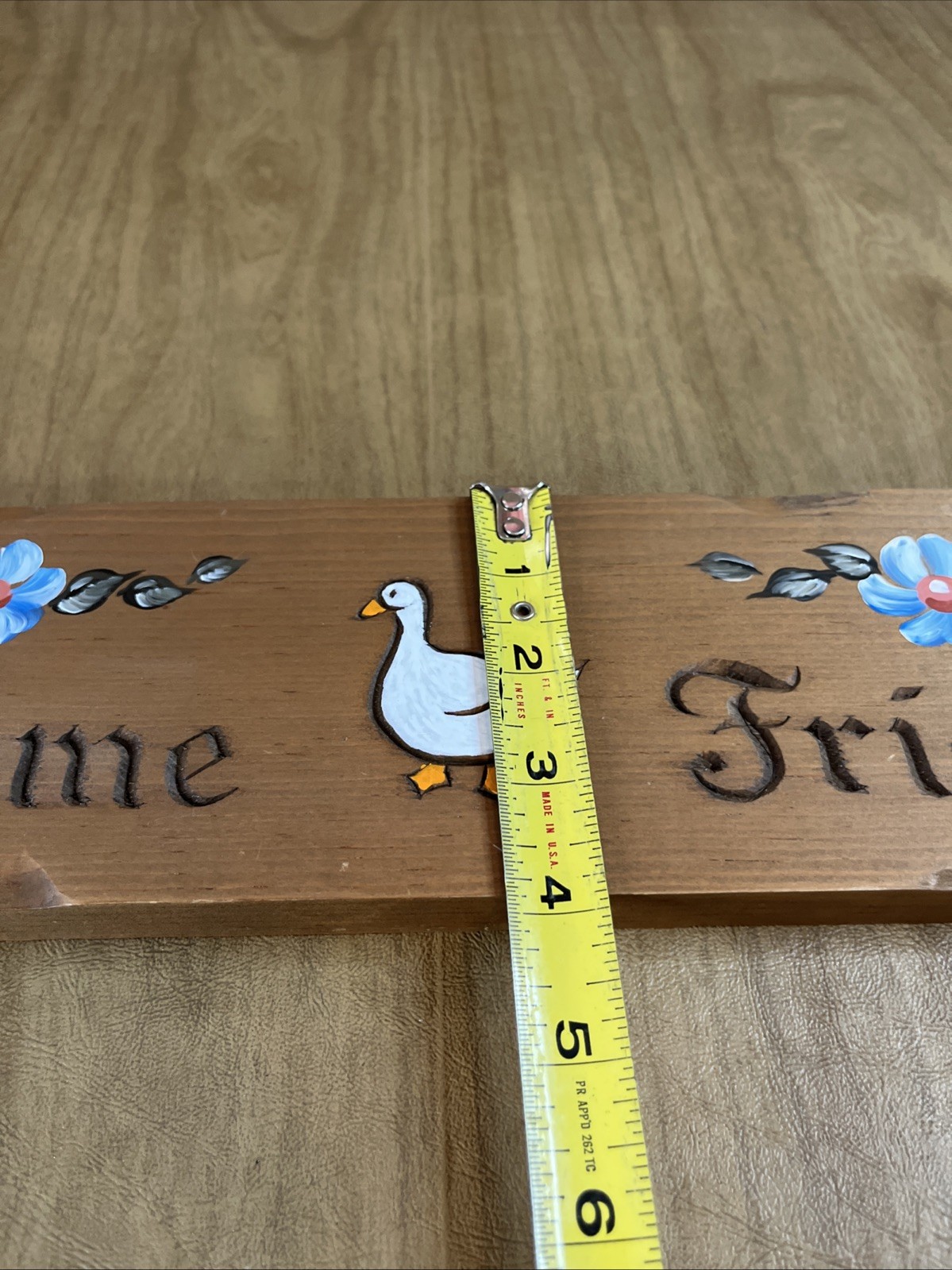 Vtg Welcome Friends Wooden Sign Hand Painted Goose Floral Hearts Country Granny