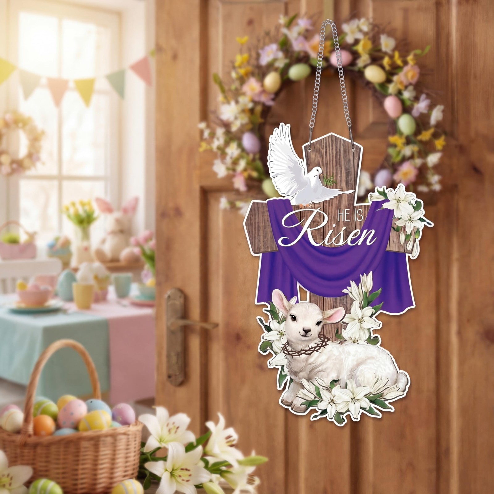 12.6 x 9 Inches He Is Risen Easter Decoration Metal Wreaths for Front Door Wa…