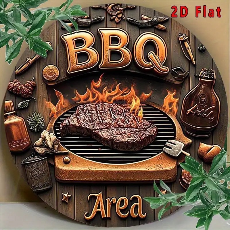 Aluminum BBQ Sign Vintage Outdoor Patio 8 Inch Round Classic Design