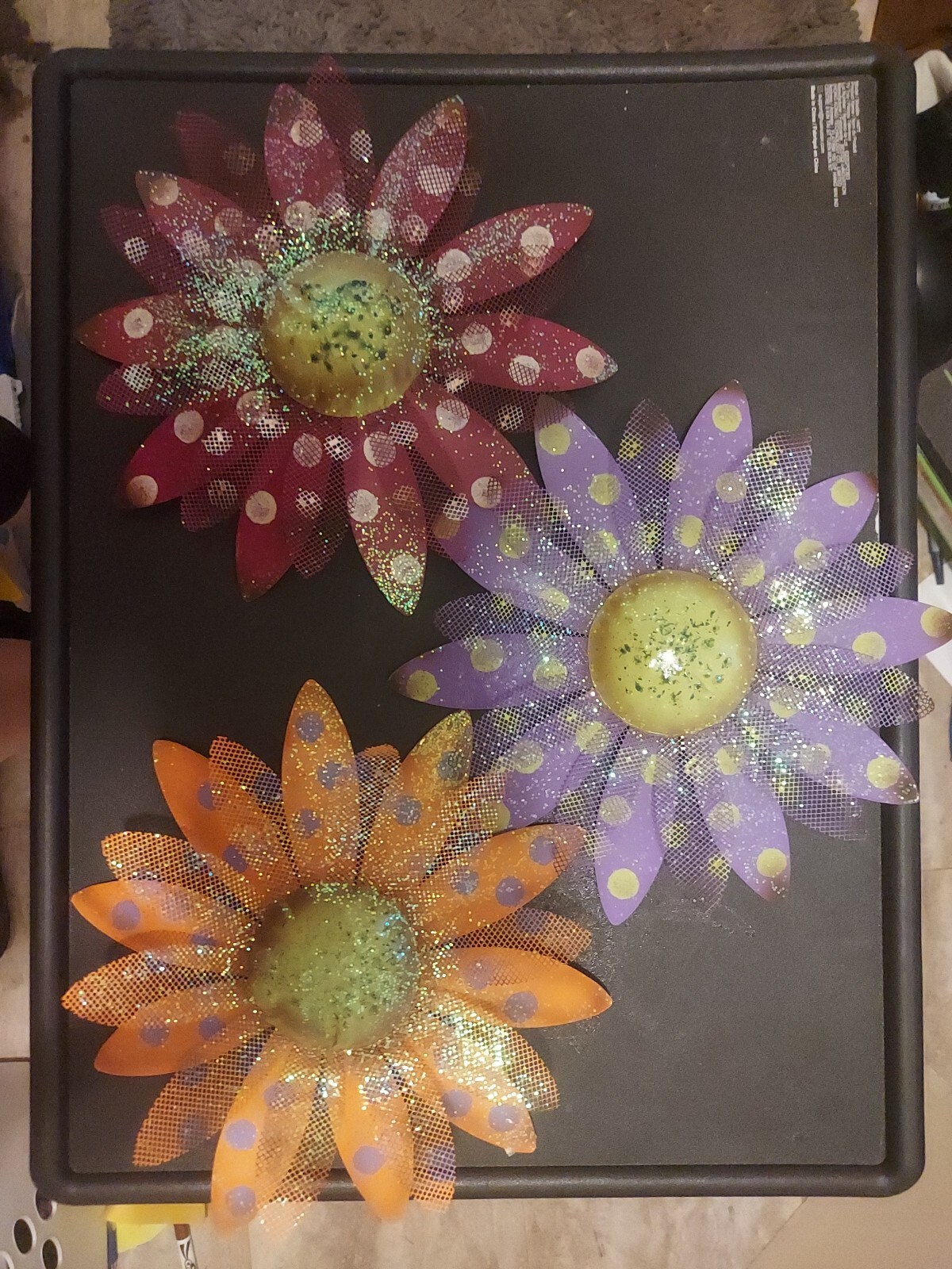 Metal Wall Art-Colorful Flowers Decor-3 Pieces-Medium Size-Red, Purple, Orange