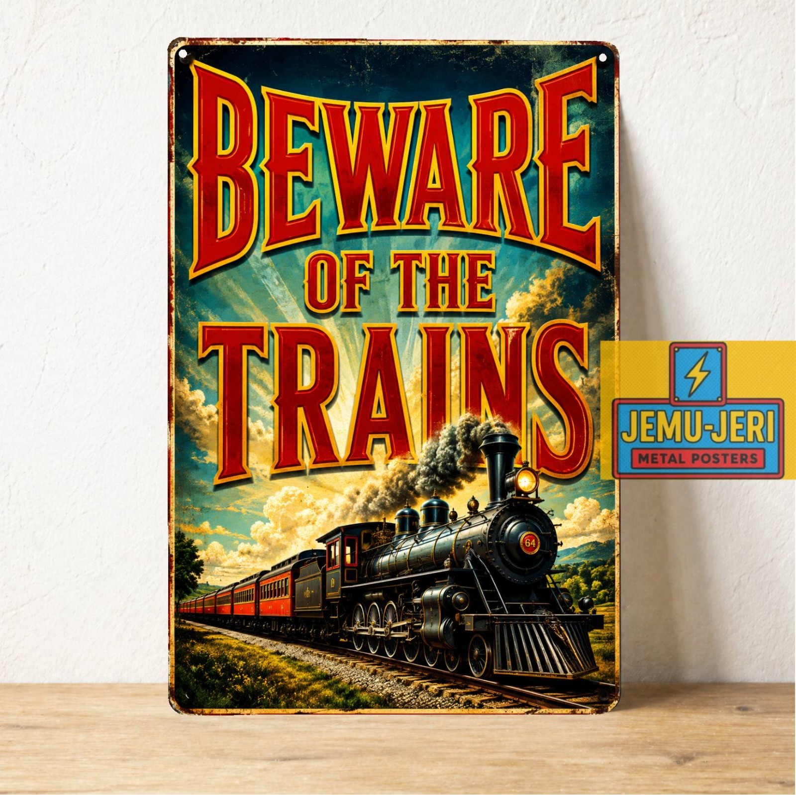 Beware of the Trains Metal Poster Tin Sign Vintage Steam Locomotive Railroad