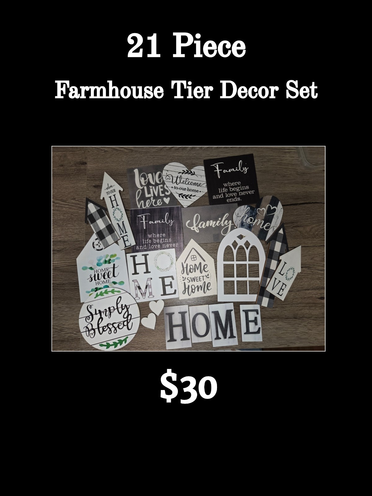 21-Piece Farmhouse Tiered Tray Home Sign Decor Set Wood White/Black/Gray