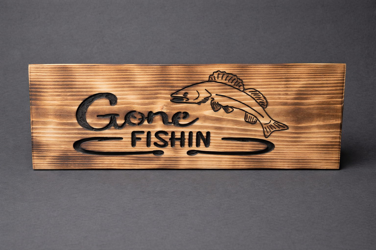 Hand Carved Gone Fishin Sign. Burned finish with matte clear coat