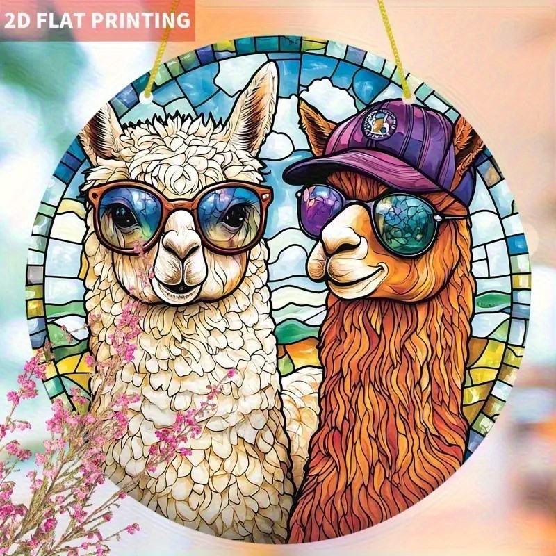 Cool White Brown Alpaca Couple Wearing Sunglasses Cap Acrylic Suncatcher Decor
