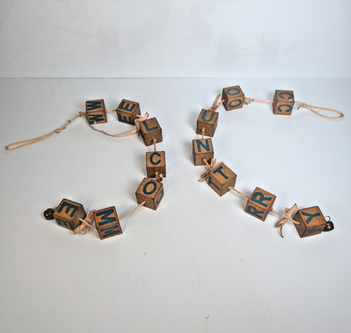 Vintage 80s Country Welcome Blocks with Bells Wall Hanging