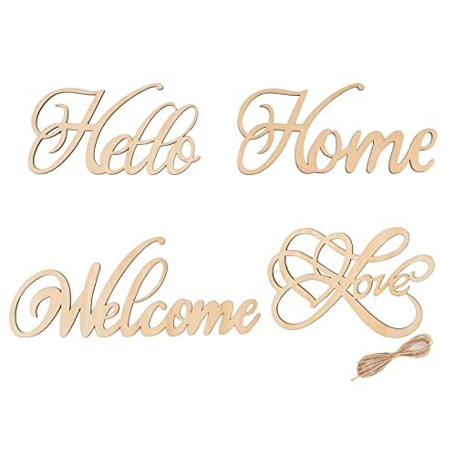 , 4 Pack Unfinished Wood Sign Natural Cutout Wooden Welcome Hello Home Style A