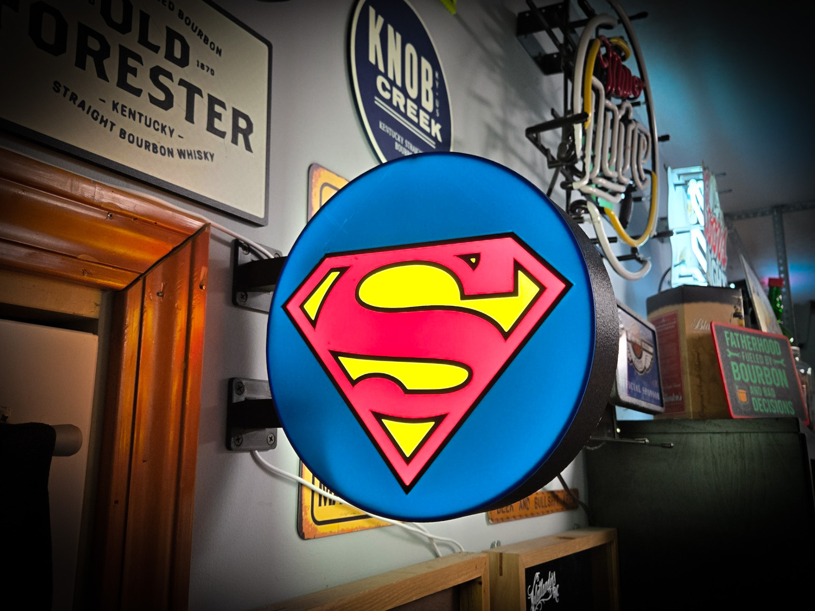 Superman LED Lightbox Sign 3D Printed Round Wall Mount Man Cave Garage Decor