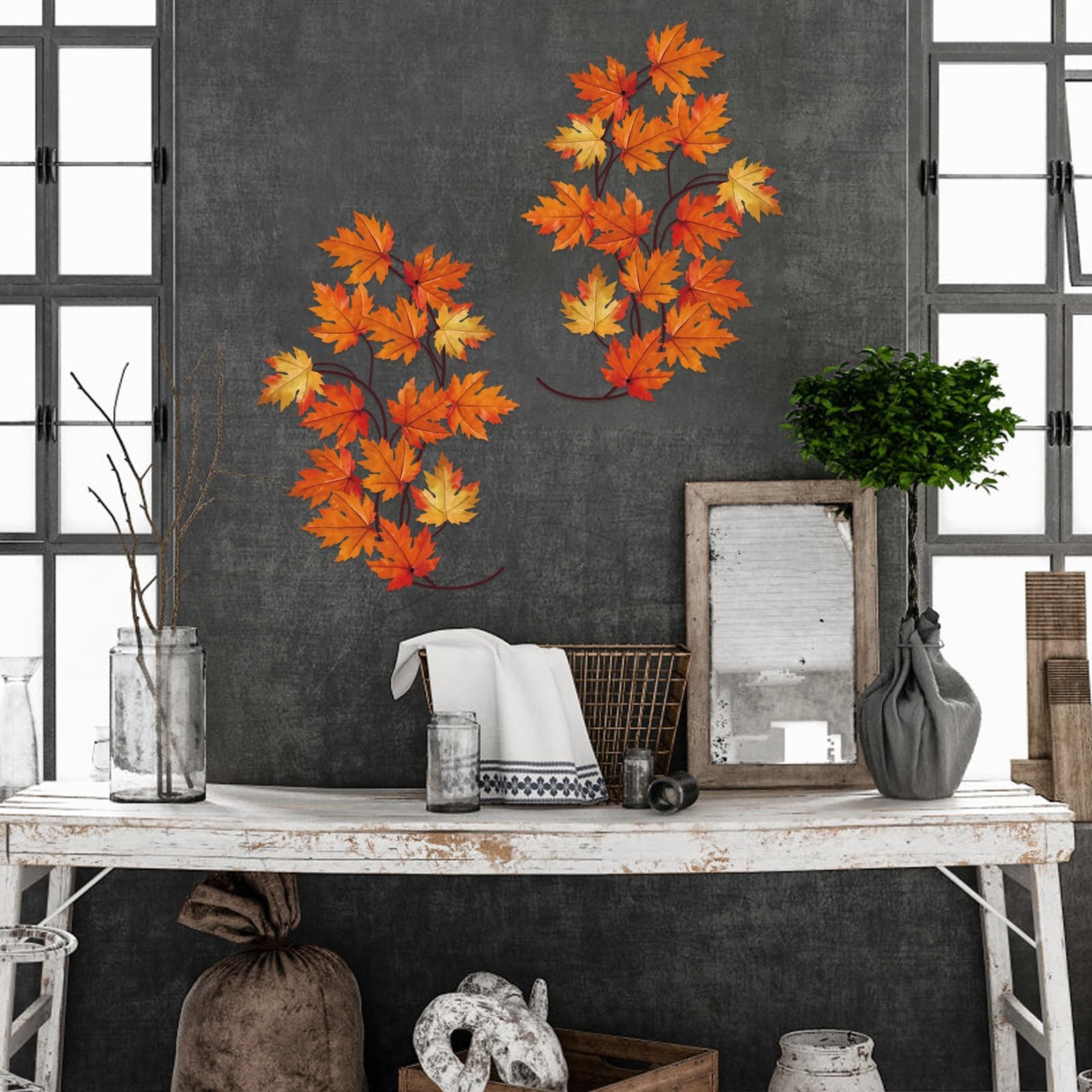 Rustic Maple Leaf Metal Wall Art Leaves Sculpture Fall Hanging Decor 2 PCS