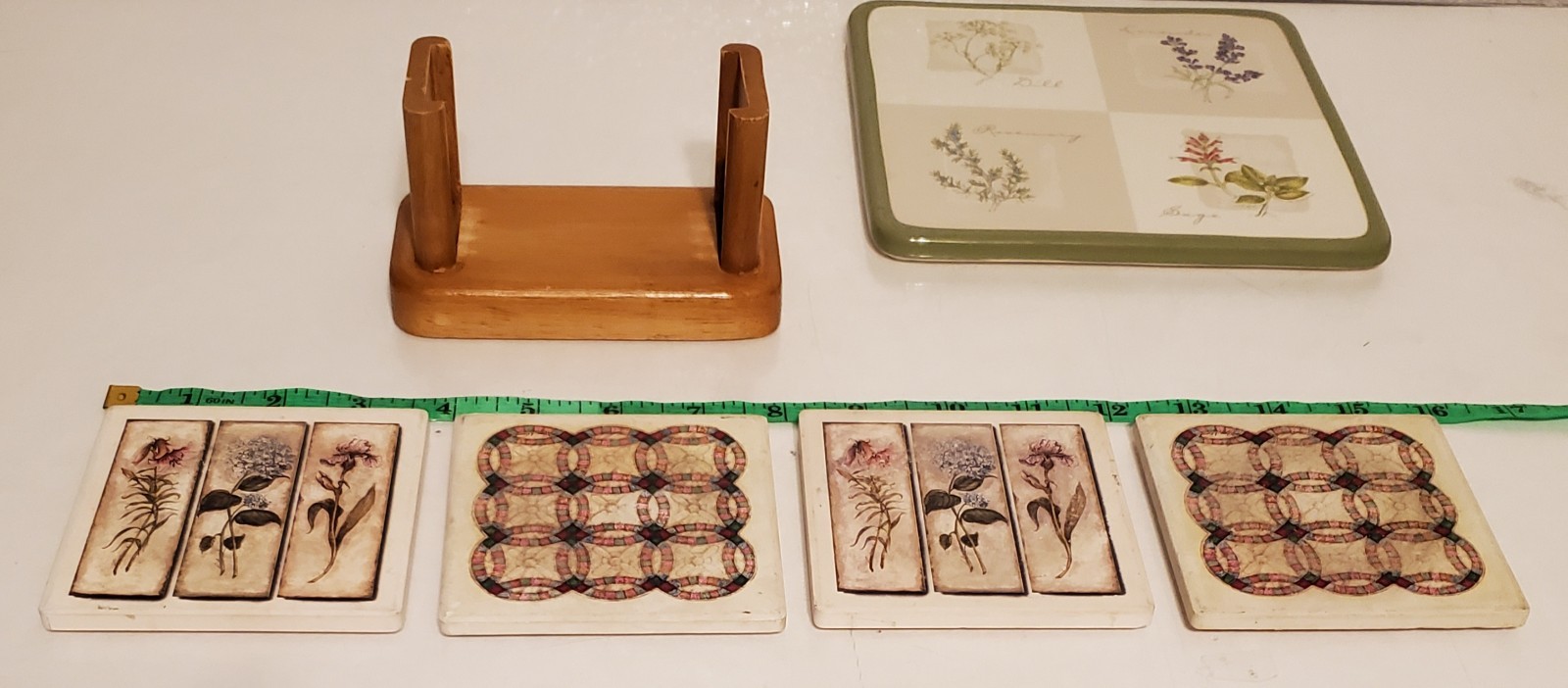 SONOMA Herb Garden Wall Plaque & Floral Tile Coaster Set w Wood Holder Cottage