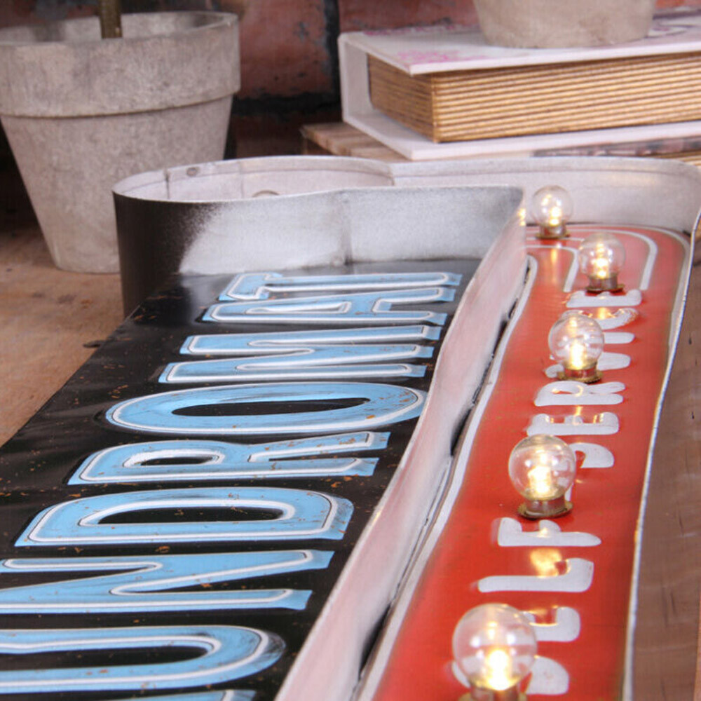 Vintage LED Light Metal Hanging Sign LAUNDROMAT Laundry Shop Art Wall Decoration