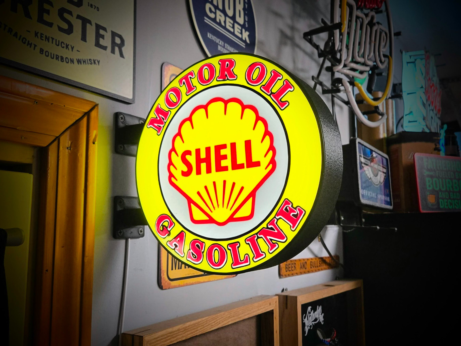Shell Station LED Lightbox Sign 3D Printed Round Wall Mount Man Cave