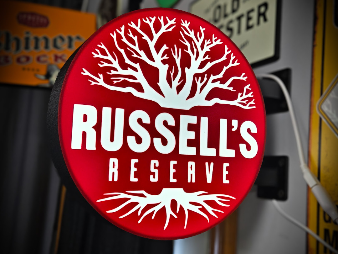 Russell’s Reserve LED Lightbox Sign 3D Printed Round Wall Mount Man Cave