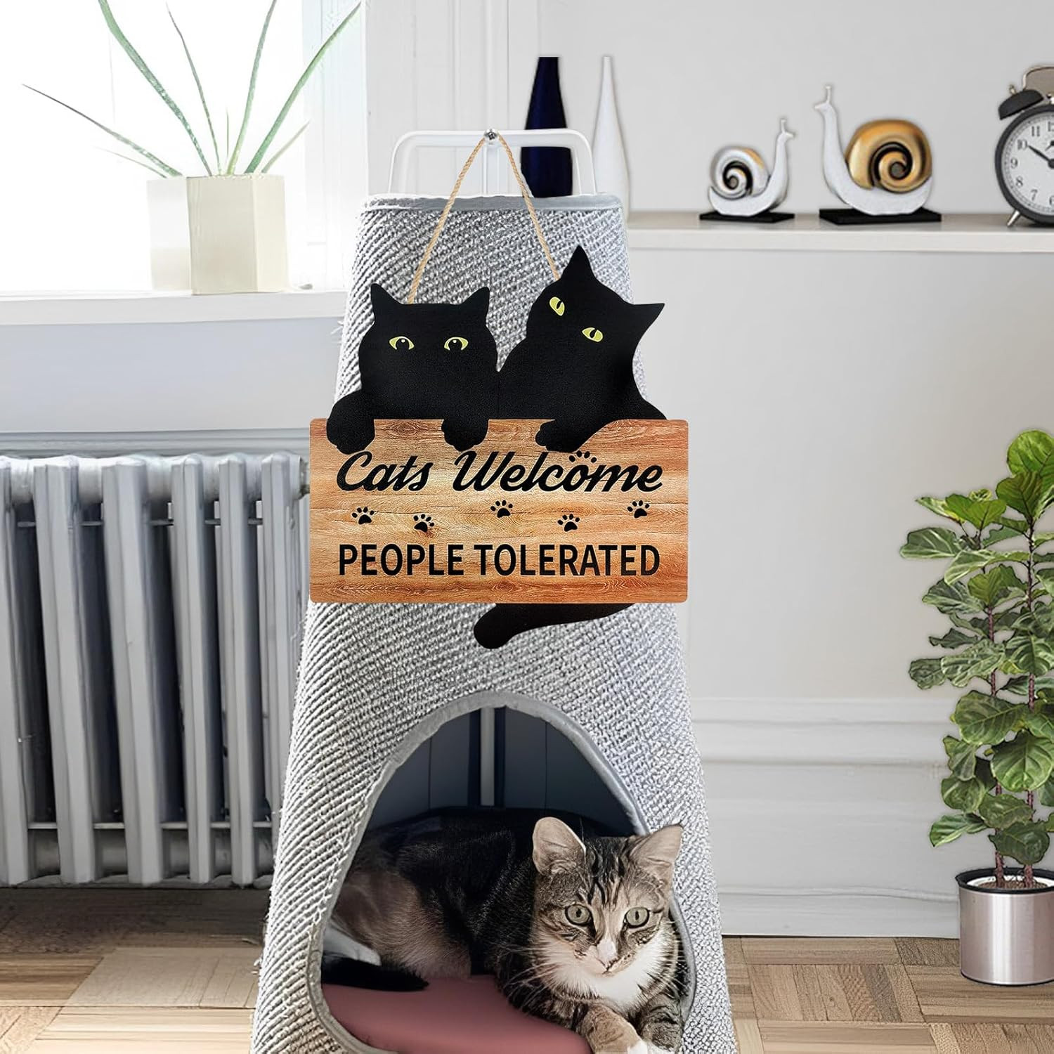 Funny Black Cat Welcome Sign, 10×11 Inches, Wooden Plaque for Cat Lovers