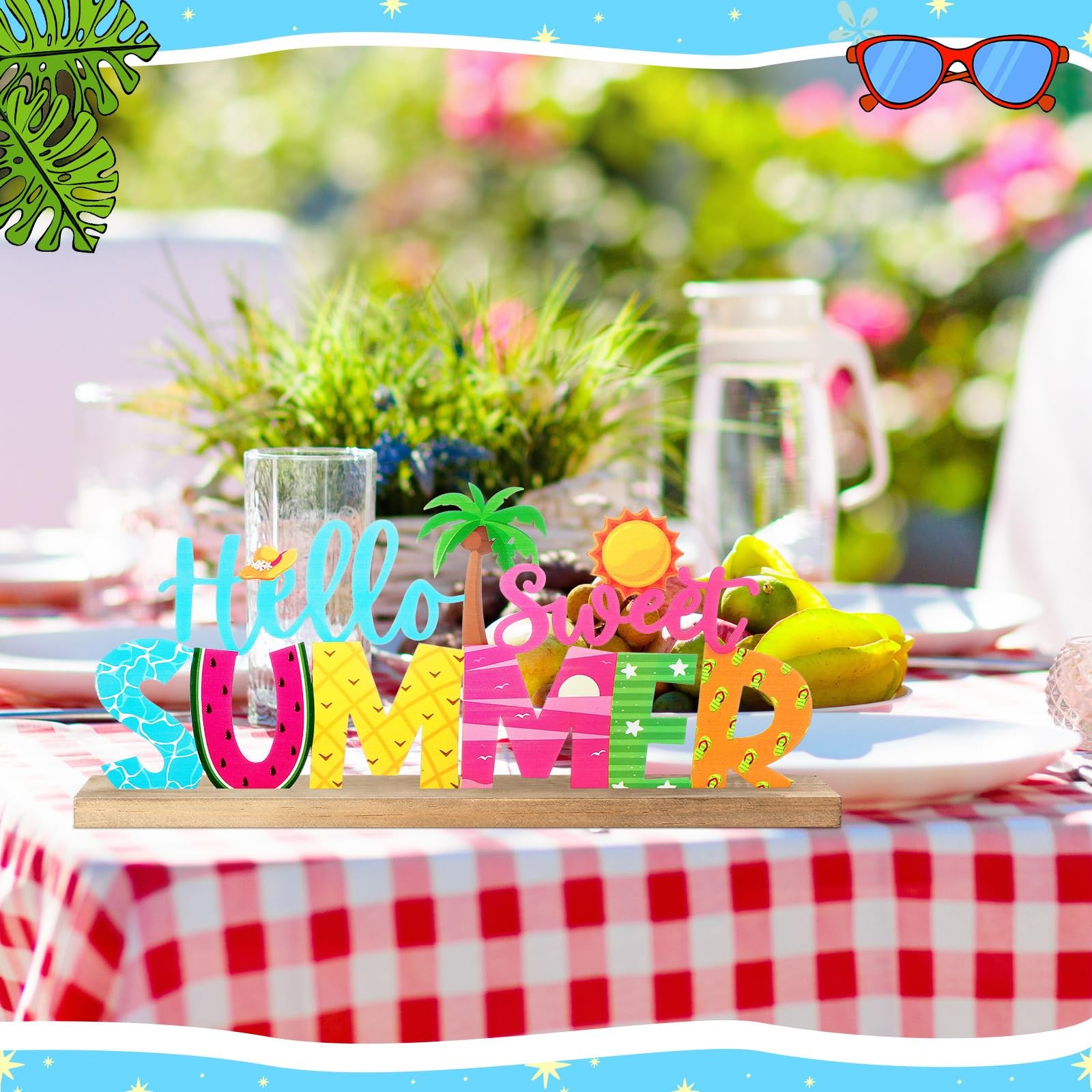 Colorful Hello Summer Metal Sign with Wooden Base Indoor Tabletop Decorations