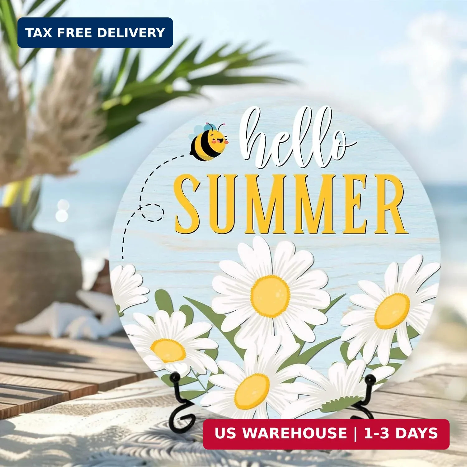 Summer Decorations for Home – Hello Summer Sign with Stand for Home Office Table
