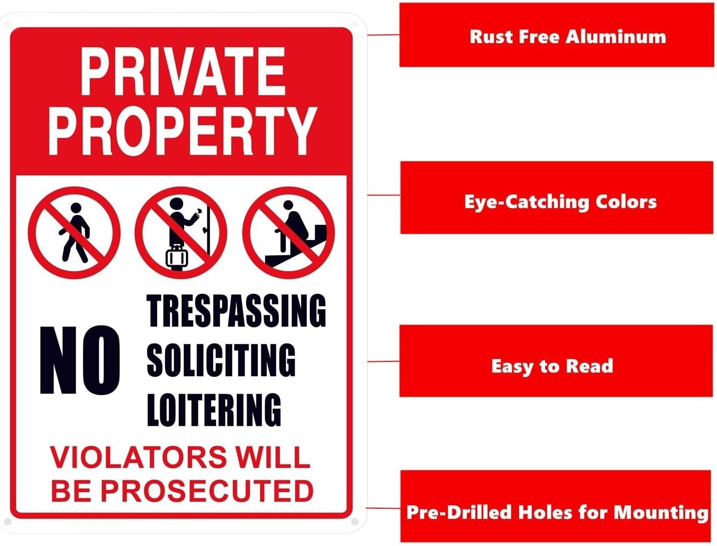 No Trespassing, No Soliciting, No Loitering Sign – 10×14 in Aluminum Warning Sig