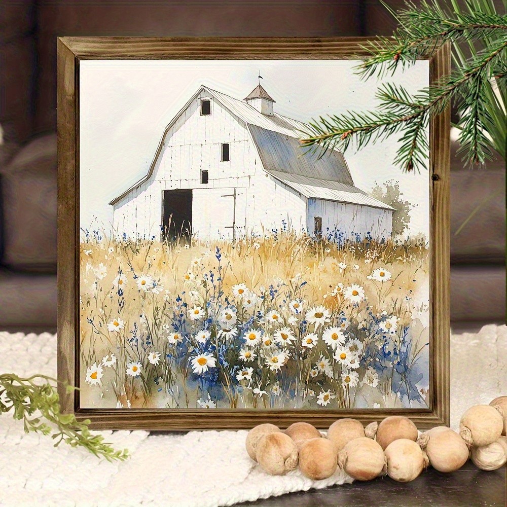 2D Rustic Barn & Wildflowers Wood Framed Wall Art Farmhouse Indoor Home Decor