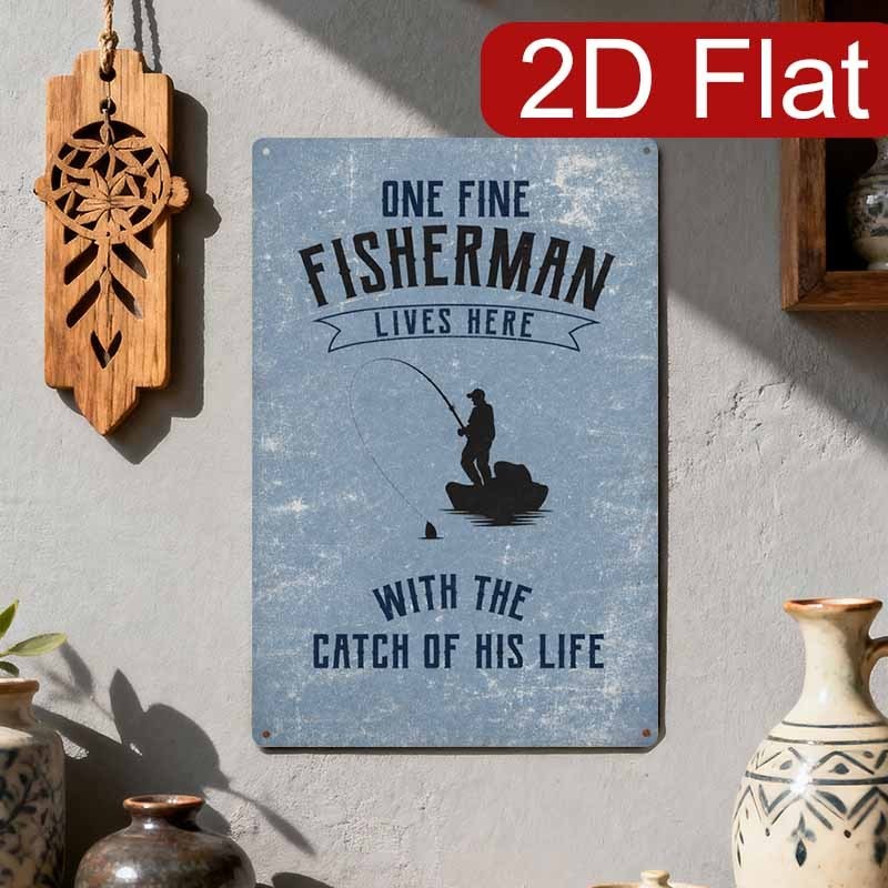Faded Antique Fisherman Silhouette Metal Sign Lake House Patio Wall Ornament