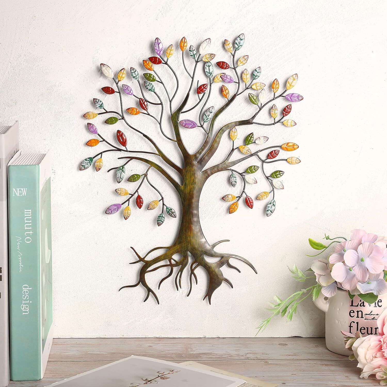 Moxweyeni Metal Tree Wall Sculpture Gold Tree Home Decor Multi Colored Leaf A…