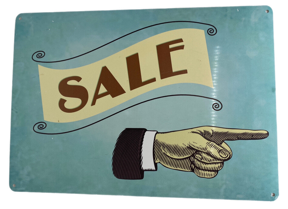 Metal Aluminum Sign 10 x 14 “SALE” Vintage Retro Look Hand Pointing Finger