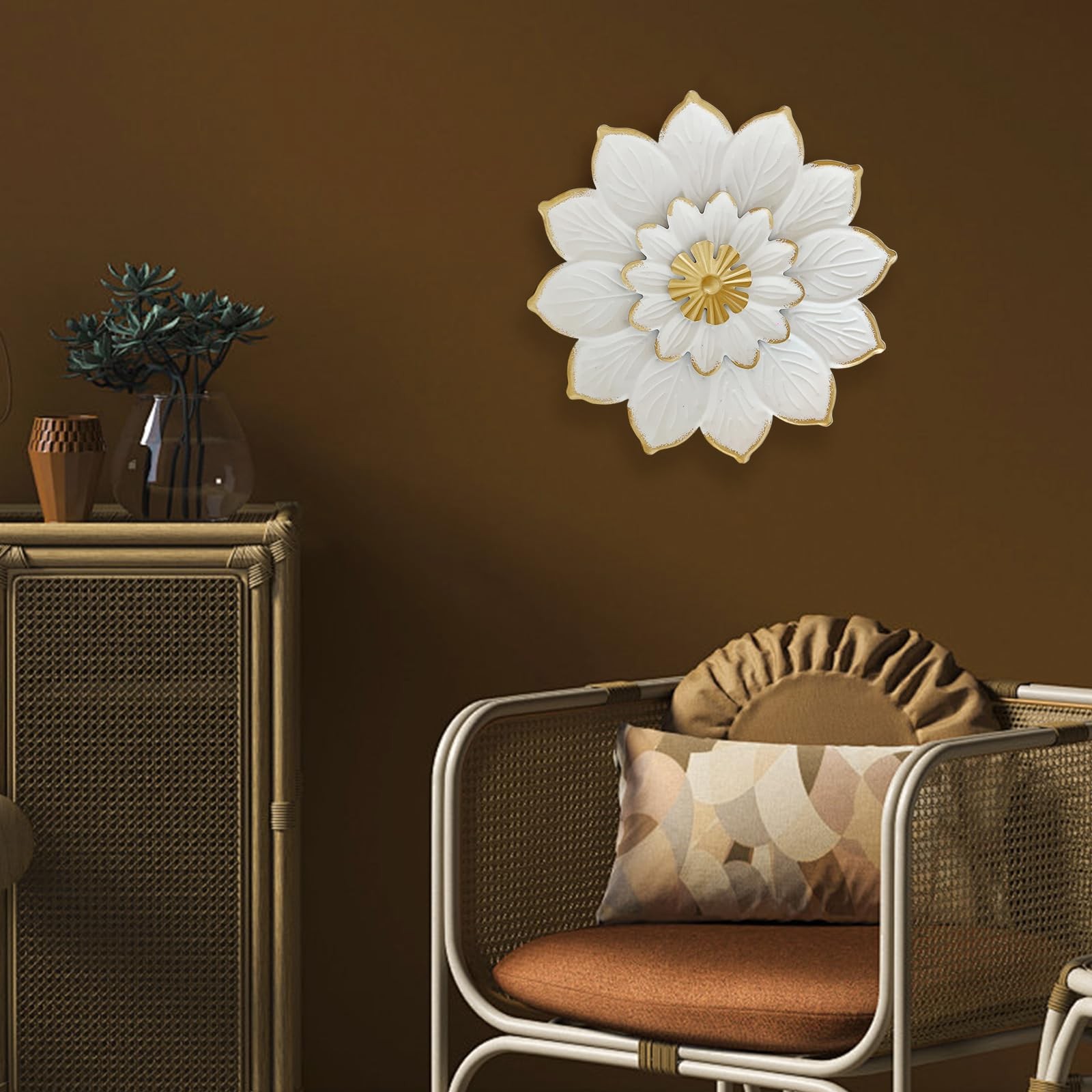 9.2“ White and Gold Metal Flower Wall Art, Modern Rustic Floral Decor for Ind…