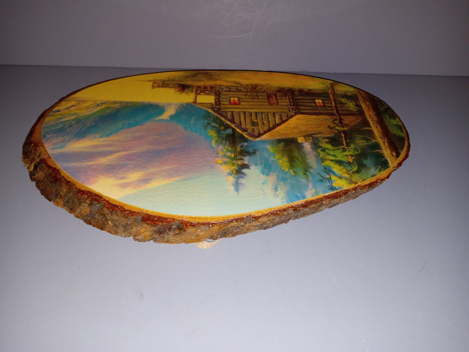 Rustic Log Cabin Landscape on Natural Wood Slice Wall Hanging