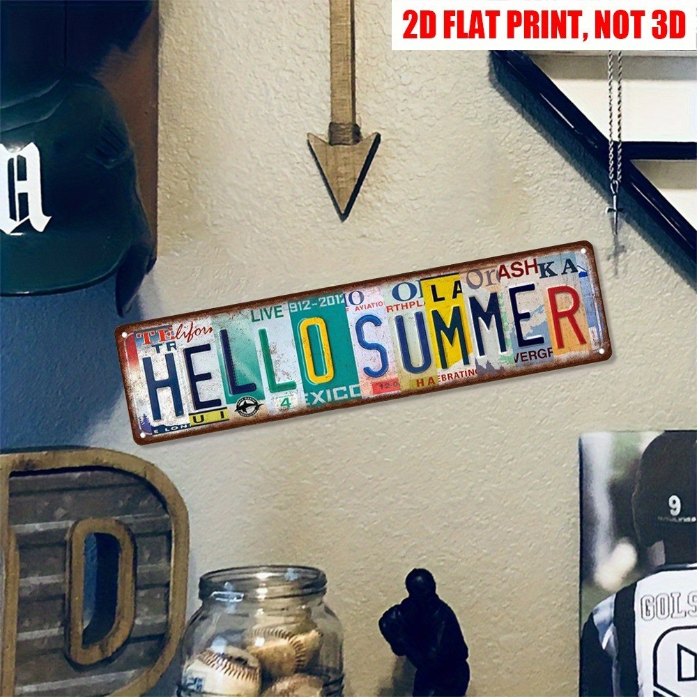 Vintage Hello Summer Metal Tin Signs Street Signs Man Cave Wall Decor Art 16x4in