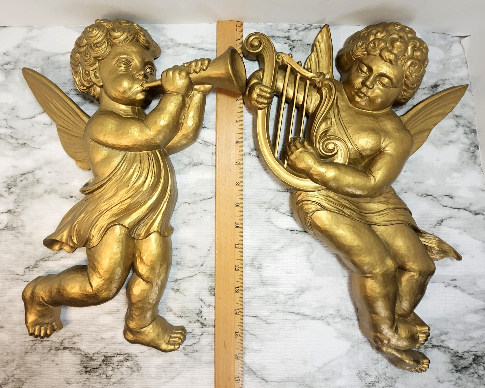 Pair 1963 LARGE Gold Musical Cherubs Angels Wall Plaques Dart 16″ Tall Vintage