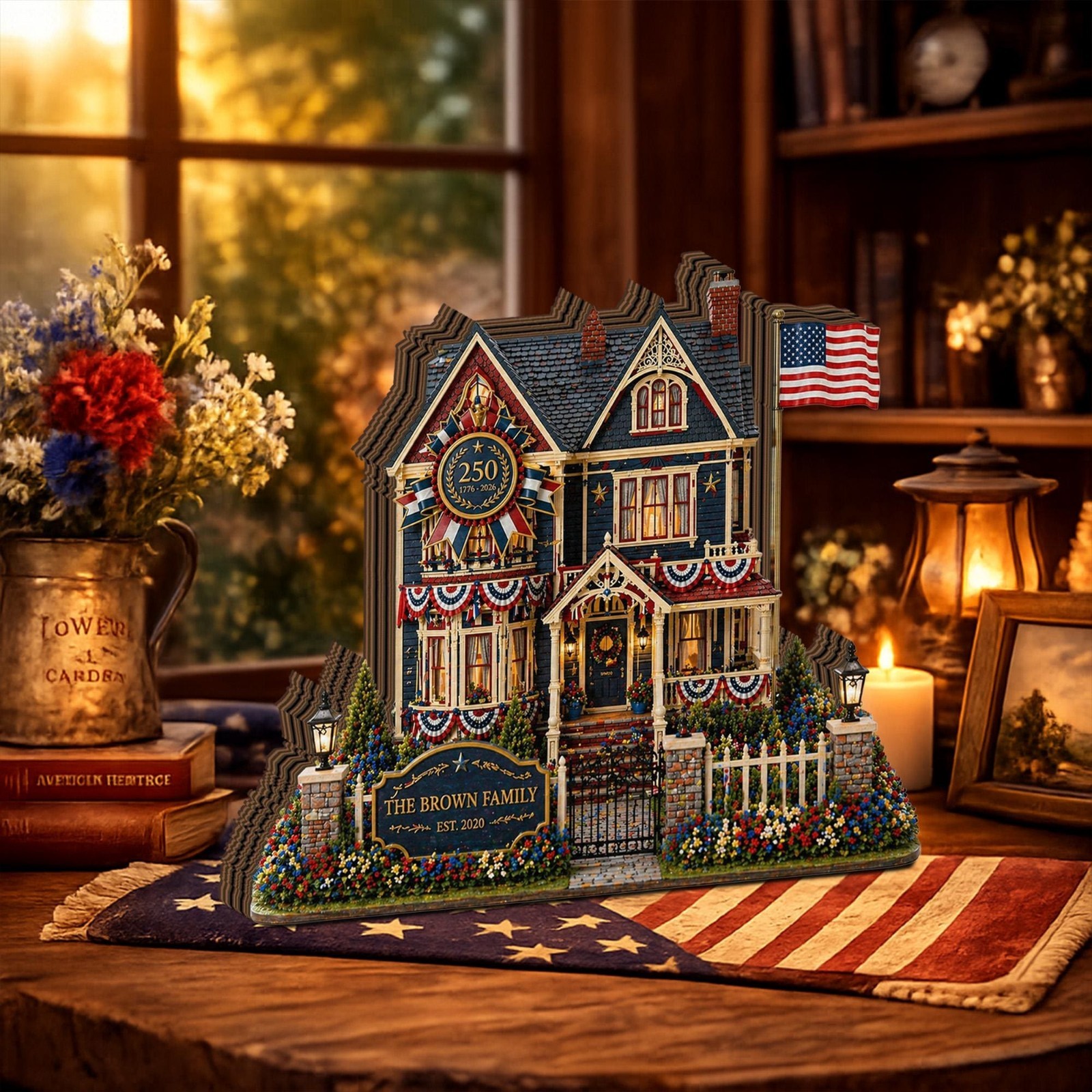Personalized Patriotic House Wooden Block, Custom Family Name Sign, 4th of July