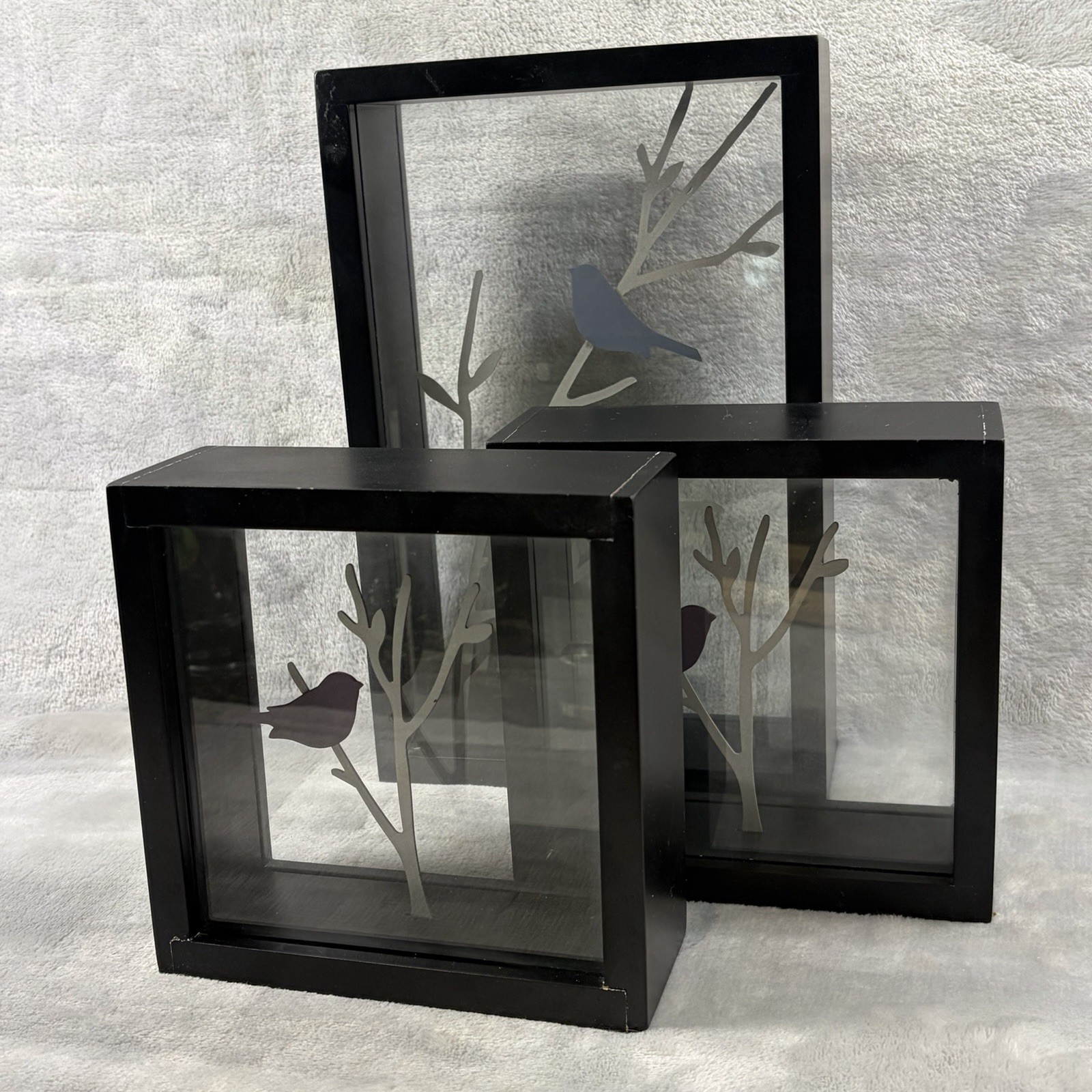 Bird Silhouette Shadow Box Decor Set of 3 Black Frame Glass Branch Modern