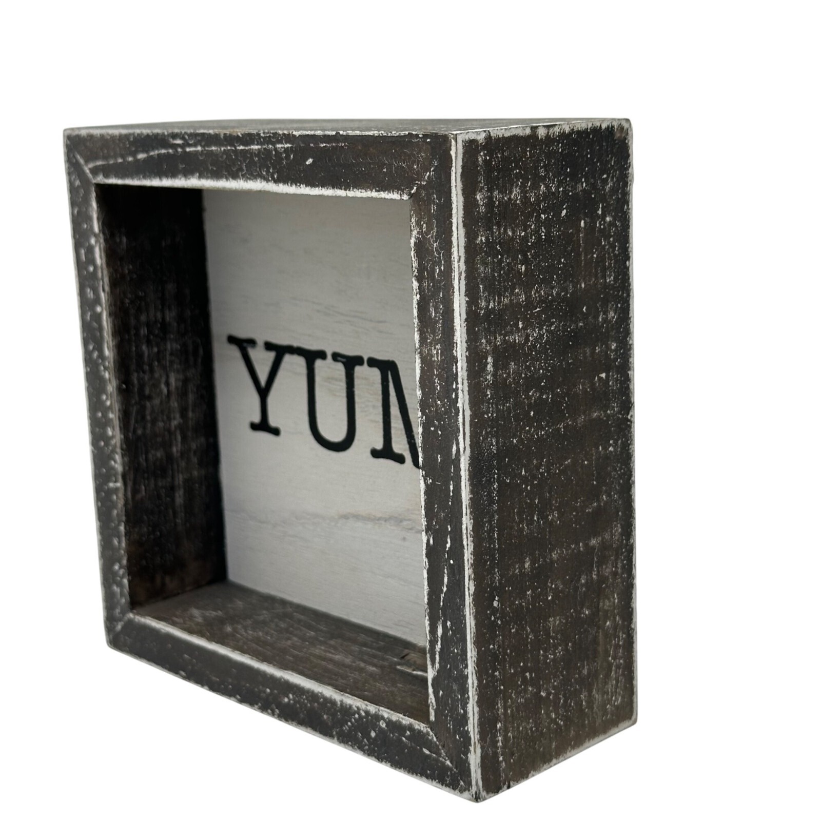 Rustic Yum Block Sign 5in Free Standing Distressed White Brown Kitchen Decor
