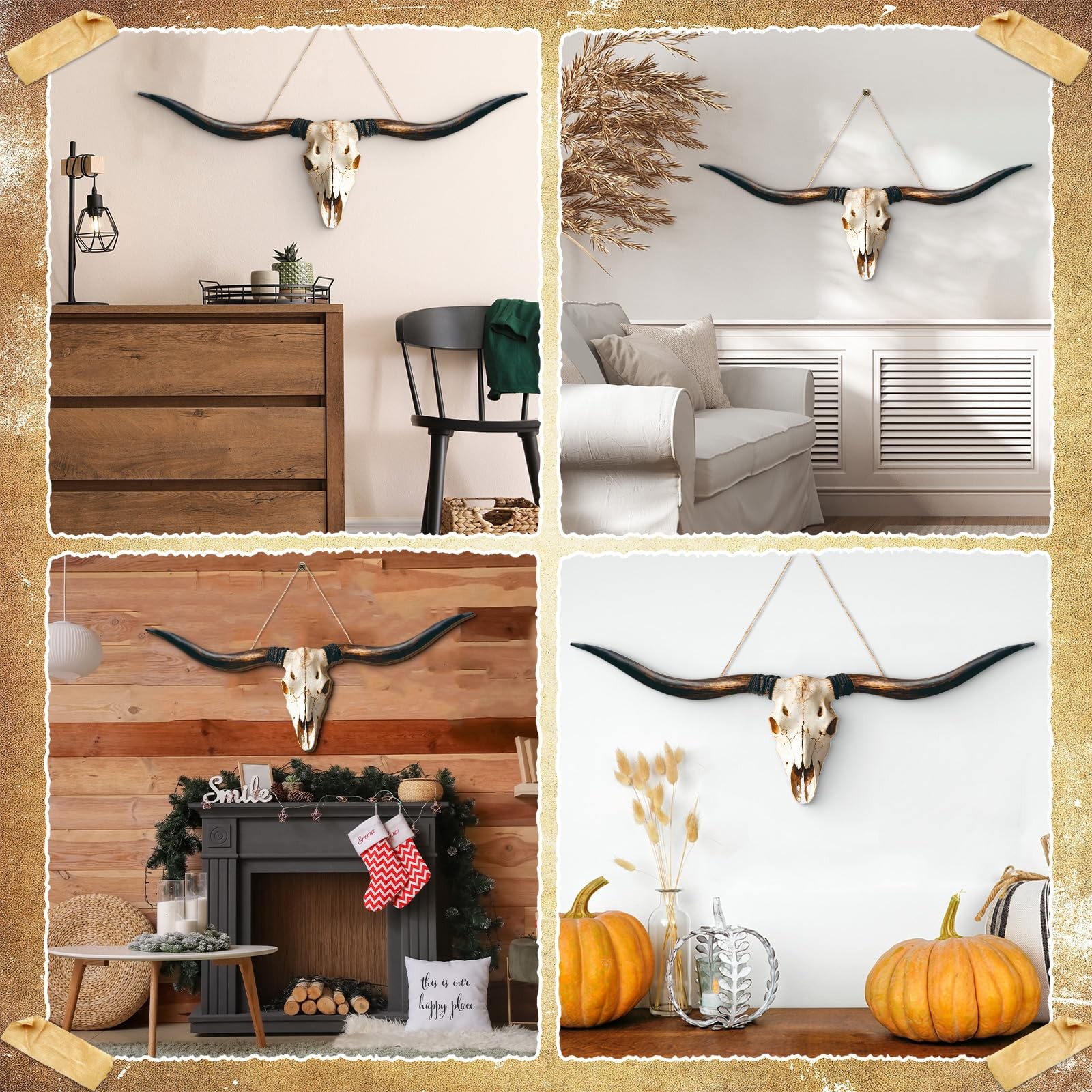 GlikCeil Longhorn Skull Wall Decor Wooden Long Horn Cow Door Sign Large Farmh…